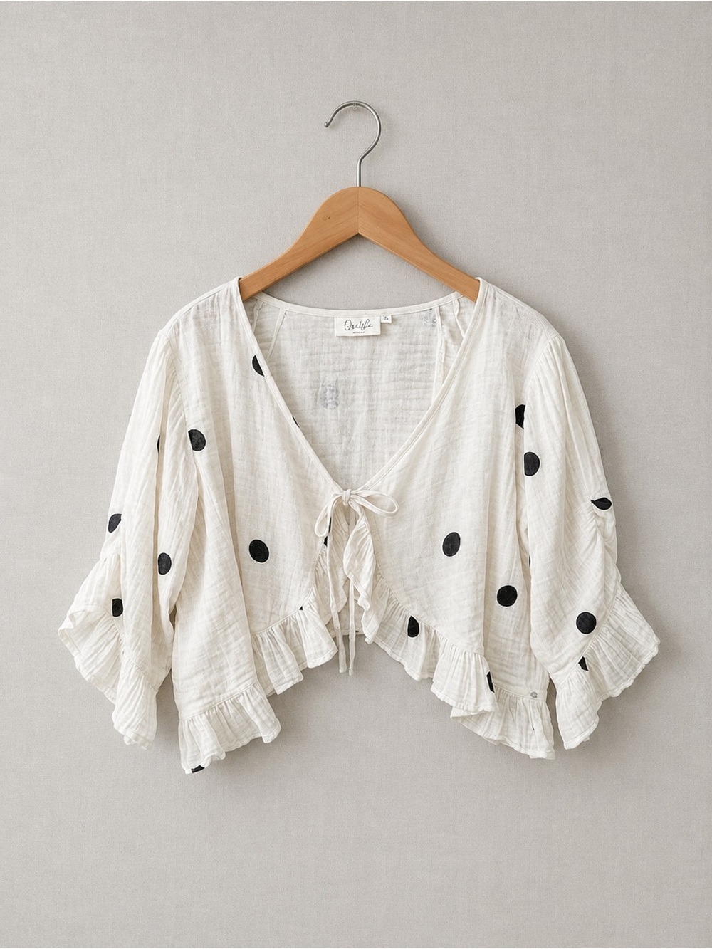 Paper Lace Front Tie Polka Dot Ruffle Blouse - White/Black